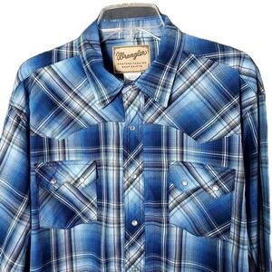 Vtg Wrangler Western Shirt Men's XL Blue Plaid Pearl Snap Sawtooth Pockets